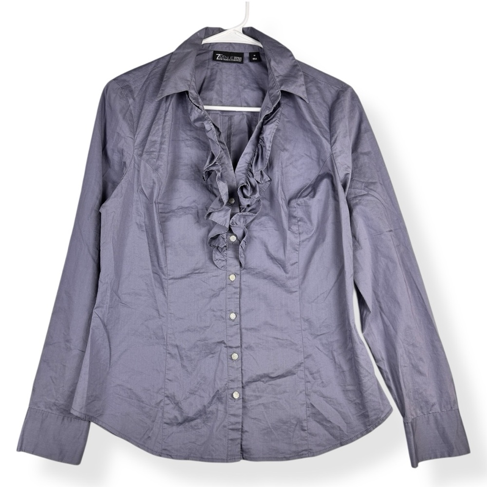 New York & Co 7th Avenue Button Blouse Womens M Medium Gray Ruffle Long Sleeve